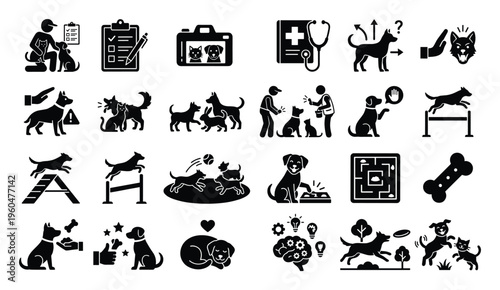 Comprehensive collection of silhouette icons representing pet care activities, dog training, veterinary health, animal behavior, and playful interactions, ideal for pet service websites,