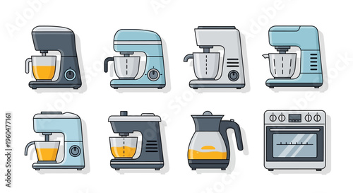 Vector illustration set of modern kitchen appliances including stand mixers, food processors, electric kettle, and built-in oven on a clean white background.