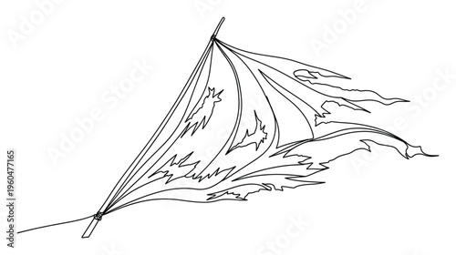 Line art depiction of a worn and tattered flag or sail attached to a pole conveying resilience and hardship suitable for themed media applications