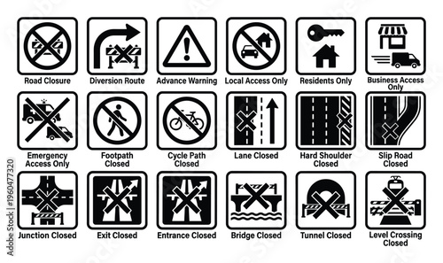 Collection of clear black and white traffic signs indicating various road closures, diversion routes, pedestrian restrictions, and specific access limitations for transportation and safety
