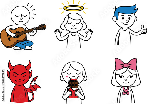 Human character traits icons set with good and bad personalities angel devil musician chocolate lover vector illustration collection