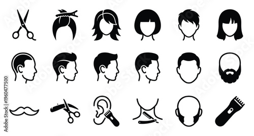 Collection of black glyph icons representing various popular hairstyles, contemporary haircuts, beard styles, and essential barber tools, perfect for modern salons and diverse beauty