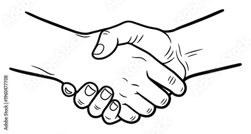 A black and white line drawing depicting two individuals shaking hands, symbolizing trust, agreement, partnership, and successful completion of a deal, useful for presentations and business