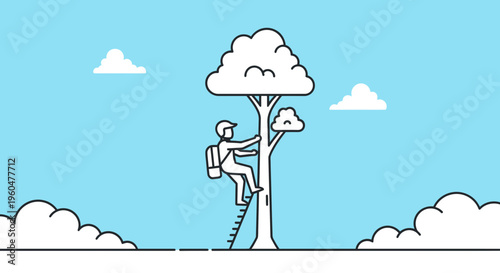 Determined individual with backpack climbing a sturdy tree on a clear day