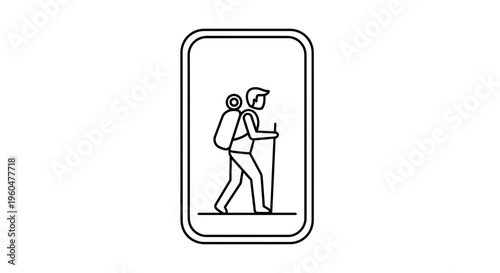 A minimalist line art illustration showcasing a solitary hiker with a backpack and walking stick