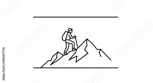 Minimalist illustration of a person conquering a mountain peak, symbolizing adventure and human