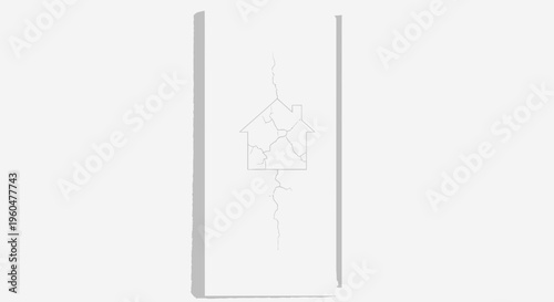 Minimalist outline of a dwelling unit exhibiting severe structural damage and fragmentation