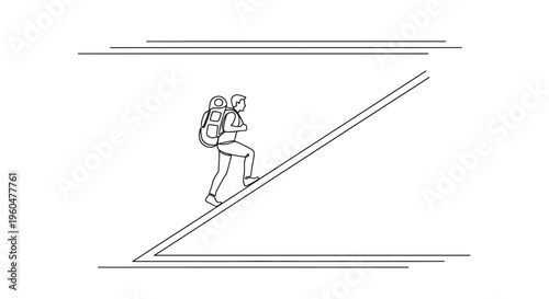 Determined individual with backpack ascends an abstract upward path in minimalist line art style