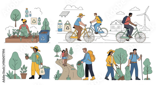 Sustainable Lifestyle Collage: Eco-Friendly Activities, Renewable Energy, and Nature