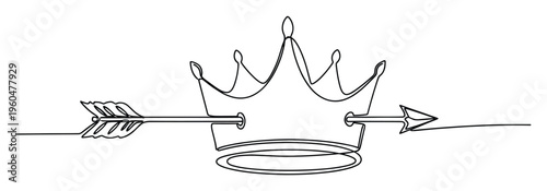Continuous single line drawing of a royal crown pierced by an arrow, symbolizing challenges and royal power, suitable for logos, apparel, or graphic design projects.