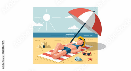 Relaxing on Beach: Person Sunbathing Under Umbrella, Summer Vacation
