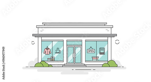 Modern storefront with open sign, displaying clothing and coffee inside.