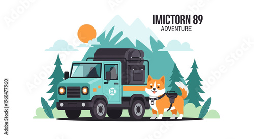 Adventure Truck and Dog in Mountain Landscape