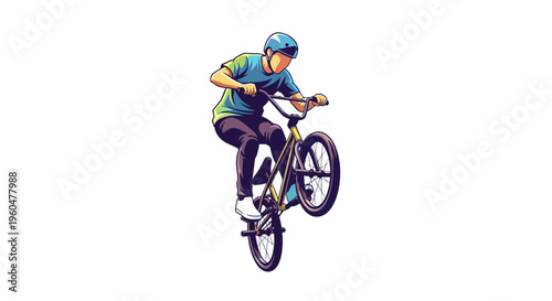 BMX rider performing a wheelie trick on a bicycle, isolated on white background.