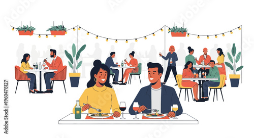 Diverse group of people dining together at an outdoor restaurant with string lights and plants