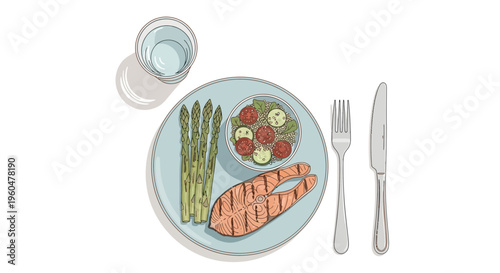 Grilled Salmon Steak with Asparagus and Cherry Tomato Salad, Healthy Meal Illustration