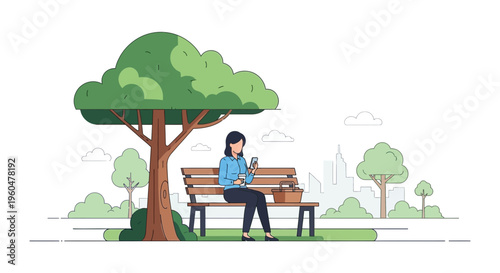 Woman Relaxing on Park Bench with Coffee and Smartphone