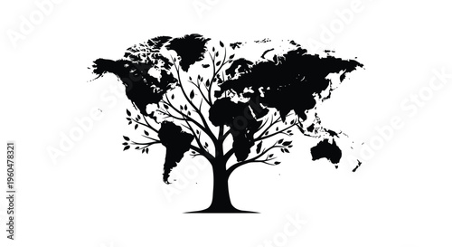 A striking image depicts a world map creatively formed within the shape of a flourishing tree silhouette