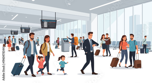 Diverse travelers with luggage in modern airport terminal, walking to gates, checking info screens