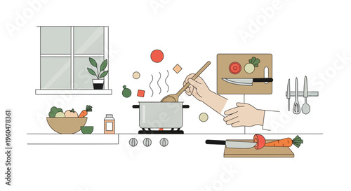 Healthy Cooking at Home: Hands preparing fresh vegetables and cooking soup in a modern kitchen.