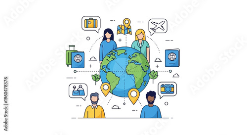 Global Travel Concept: People, Globe, Luggage, Plane, Passport, Map Icons