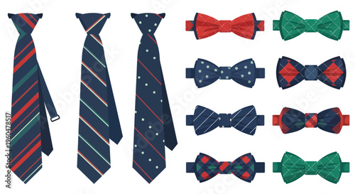 Collection of Ties and Bow Ties with Patterns: Stripes, Dots, Diamonds, Plaid