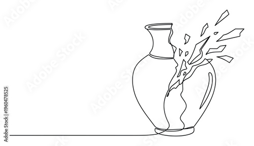 Continuous line drawing of a breaking vase symbolizing fragility and damage, ideal for conceptual presentations or discussions on emotional resilience and recovery.