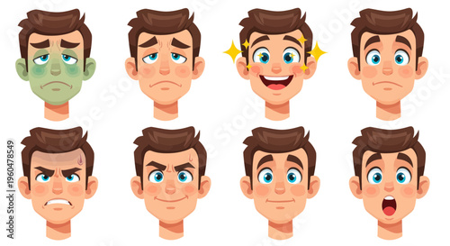 Man's Diverse Emotions Set: Sadness, Happiness, Anger, Surprise, Sickness