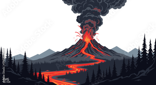 Pixel Art Volcano Erupting with Lava Flow and Smoke Plume