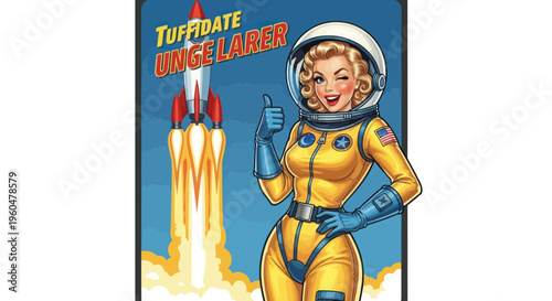 Retro Astronaut Woman Thumbs Up Next to Launching Rocket, Space Exploration