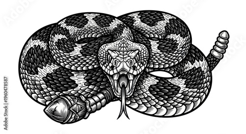 Aggressive Rattlesnake Ready to Strike, Black and White Illustration