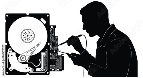 A technician meticulously repairs the internal components of a hard drive depicted in stark silhouette high quality professional