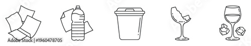 Clean line icons showcasing everyday waste materials paper, plastic bottles, disposable coffee cups, and glass items, ideal for environmental awareness and waste sorting education.