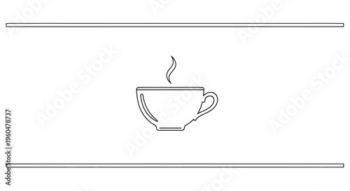 Simple black line art illustration of a steaming hot beverage in a classic cup outline on white