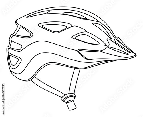 Line drawing of a modern bicycle helmet with a visor and ventilation for protecting cyclists during various outdoor sports and active recreational pursuits