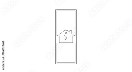 Minimalist line drawing of a fractured house symbol inside a vertical frame, representing home