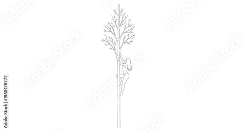Minimalist line art illustration of a graceful woman ascending a towering tree trunk