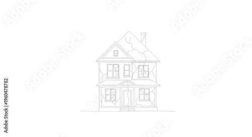 Monochromatic line art depicting an old, severely cracked two-story house with broken windows