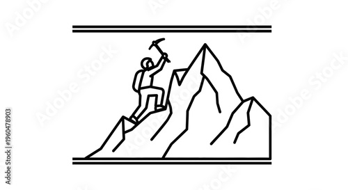 An outline illustration of a determined person ascending a rugged mountain peak holding an ice axe