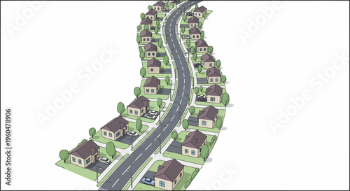 Isometric suburban neighborhood with winding road and houses