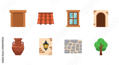 Medieval architectural elements collection featuring rustic doors, windows, and stonework