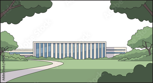 Modern linear building surrounded by lush greenery and pathway