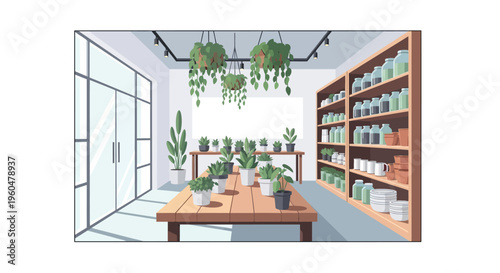 Modern indoor plant shop with natural light and wooden shelves