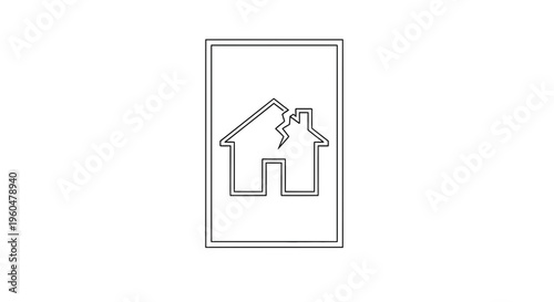 Minimalist line art illustrating a broken house icon, symbolizing damage, property issues, or
