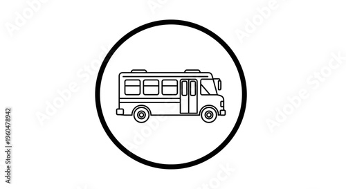 Minimalist outline icon of a public transport shuttle bus inside a bold circular frame graphic