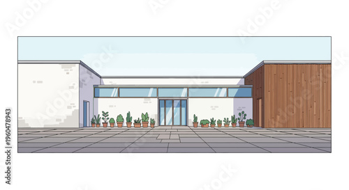 Modern minimalist building exterior with potted plants in a flat design