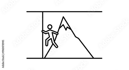 Minimalist line art illustration of an individual ascending a challenging peak with a rope