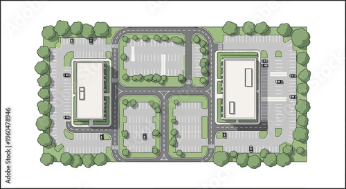 Modern office complex layout featuring architectural site plan with parking lot and green spaces