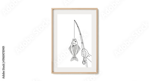 Minimalist line art illustration of a freshly caught fish on a fishing rod held by a hand in a