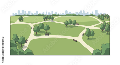 City park with pathways and benches in flat style with distant skyline